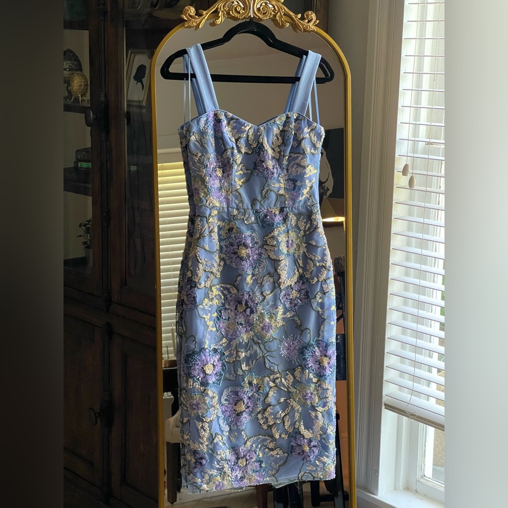 Dress the Population Nicole Blue Floral Sequin Square-Neck Midi Bodycon Dress - Picture 2 of 14